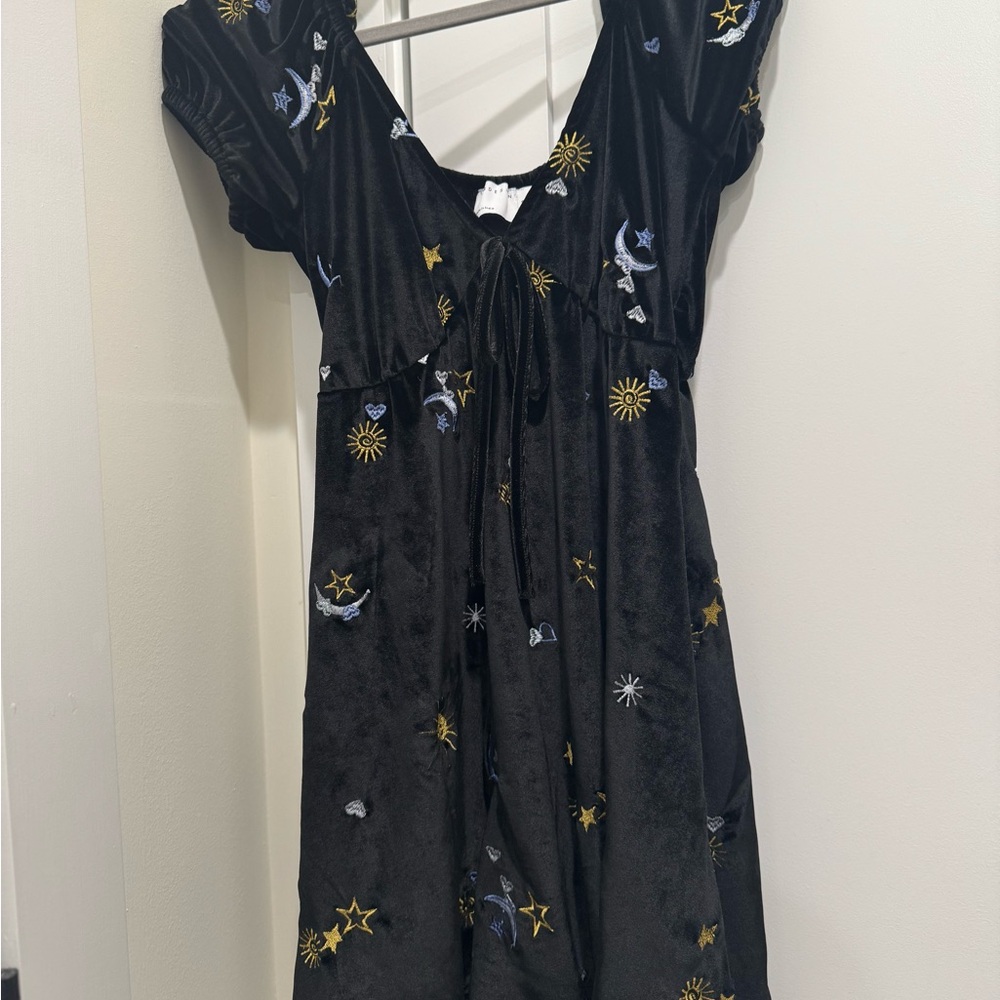 ASOS mini dress with sun and moon embroidery in black velvet (new with tag)